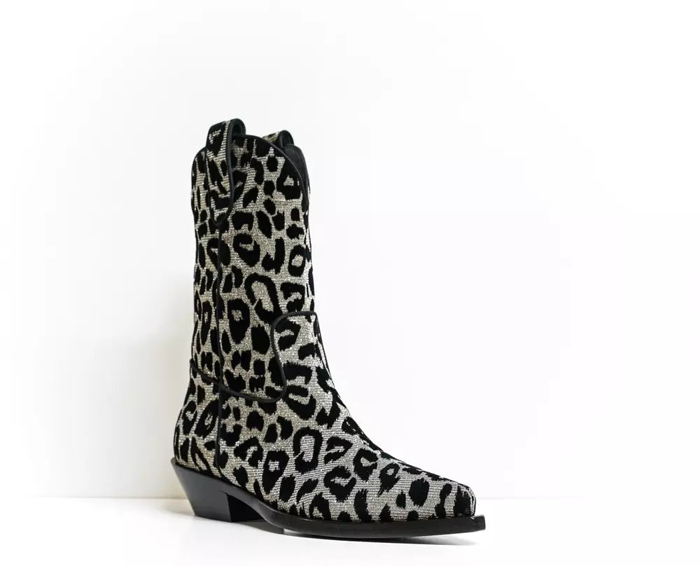 Elegant Black Leopard Texan Boots with Silver Accents