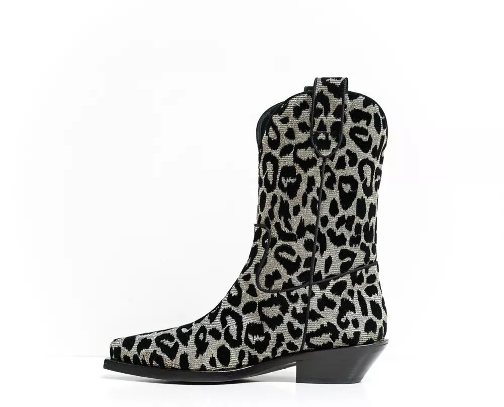 Elegant Black Leopard Texan Boots with Silver Accents