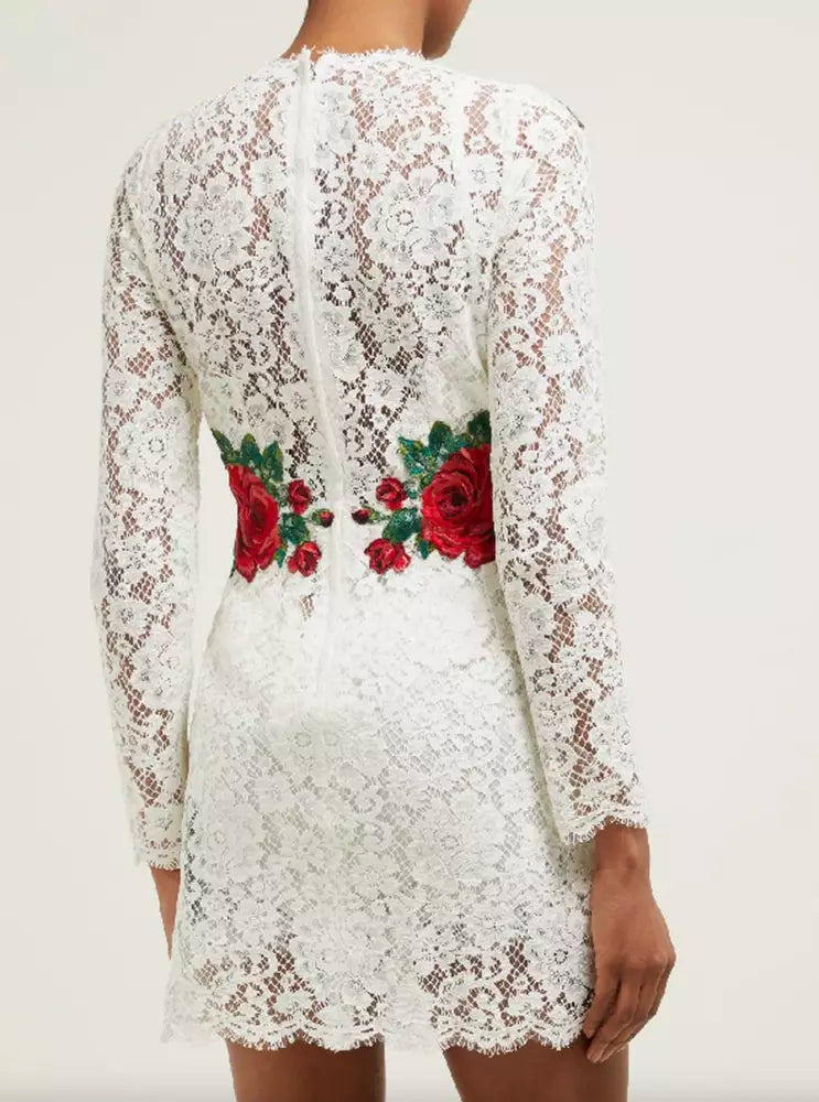 Elegant White Lace Dress with Floral Appliqués