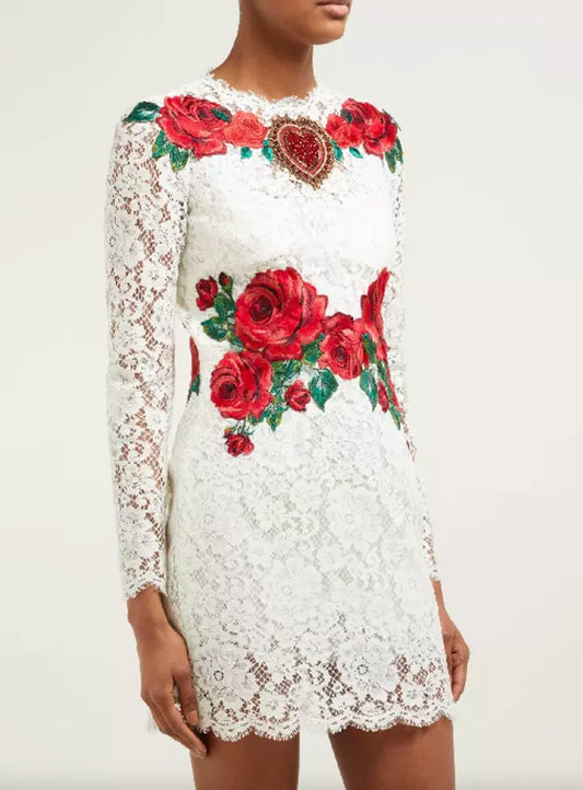 Elegant White Lace Dress with Floral Appliqués