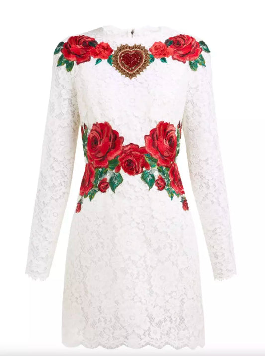 Elegant White Lace Dress with Floral Appliqués