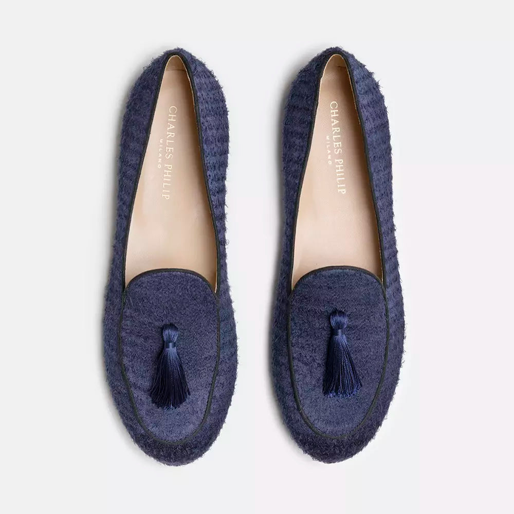 Silk Fabric Tassel Loafers in Erben Blue