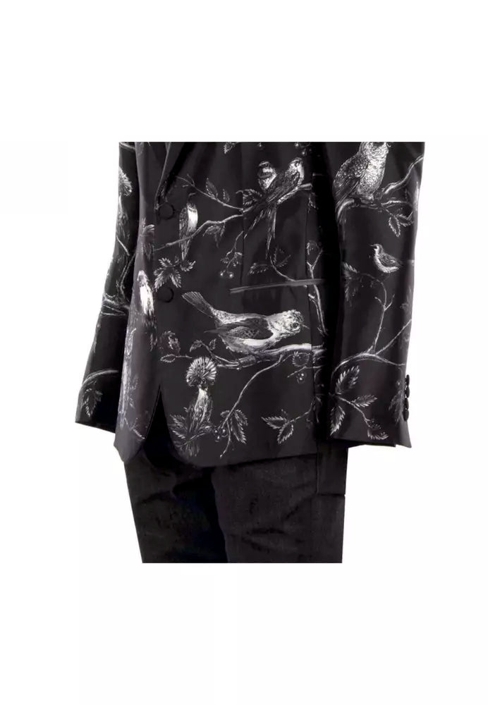 Elegant Silk Two-Button Jacket with Bird Print