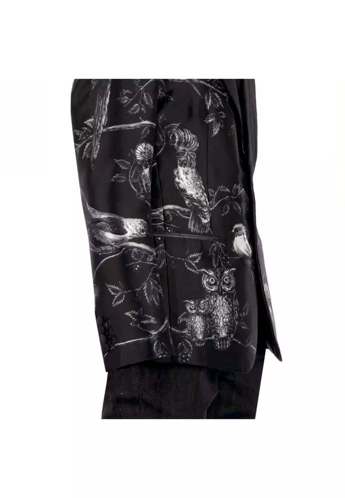 Elegant Silk Two-Button Jacket with Bird Print