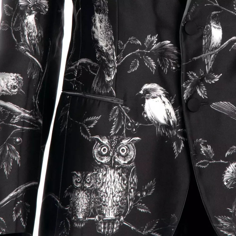 Elegant Silk Two-Button Jacket with Bird Print