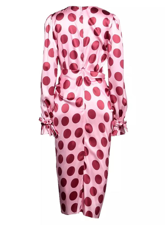 Silk Polka Dot Long-Sleeve Dress with Laces