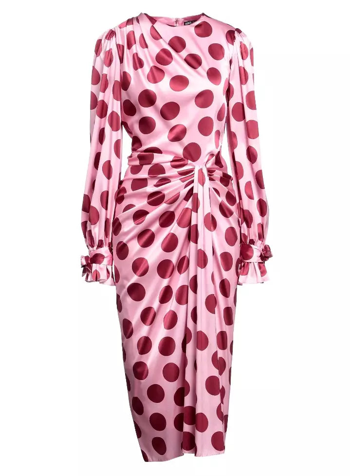 Silk Polka Dot Long-Sleeve Dress with Laces