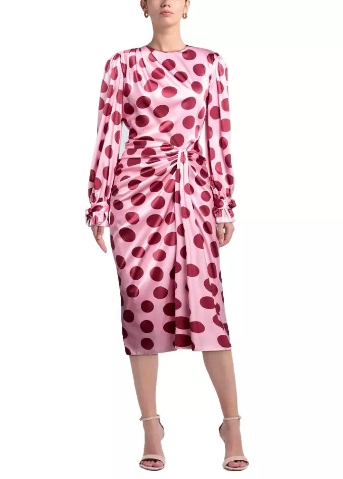 Silk Polka Dot Long-Sleeve Dress with Laces