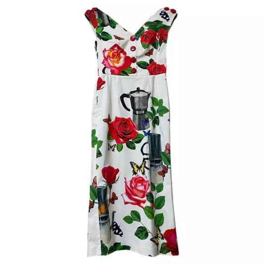 Elegant Sleeveless Cotton Dress with Floral Print