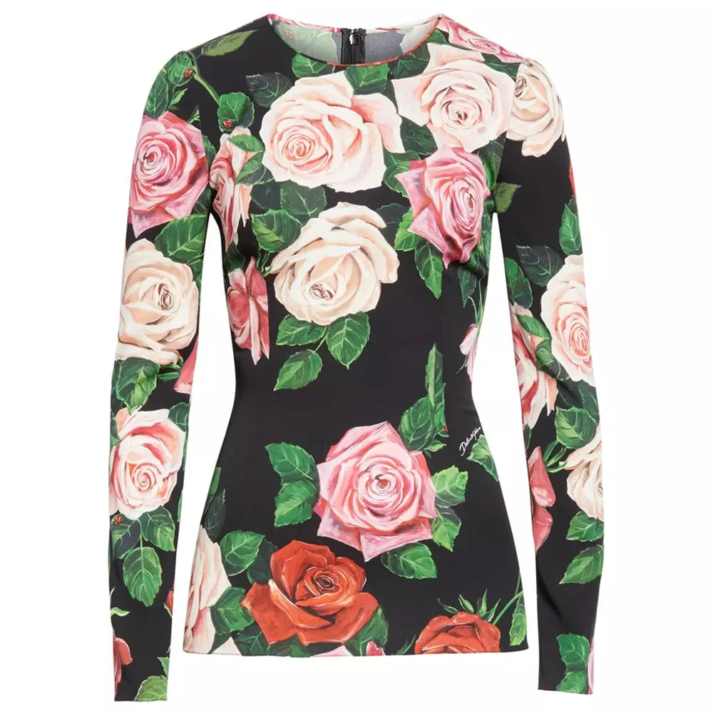 Elegant Long Sleeve Silk Rose Print Blouse