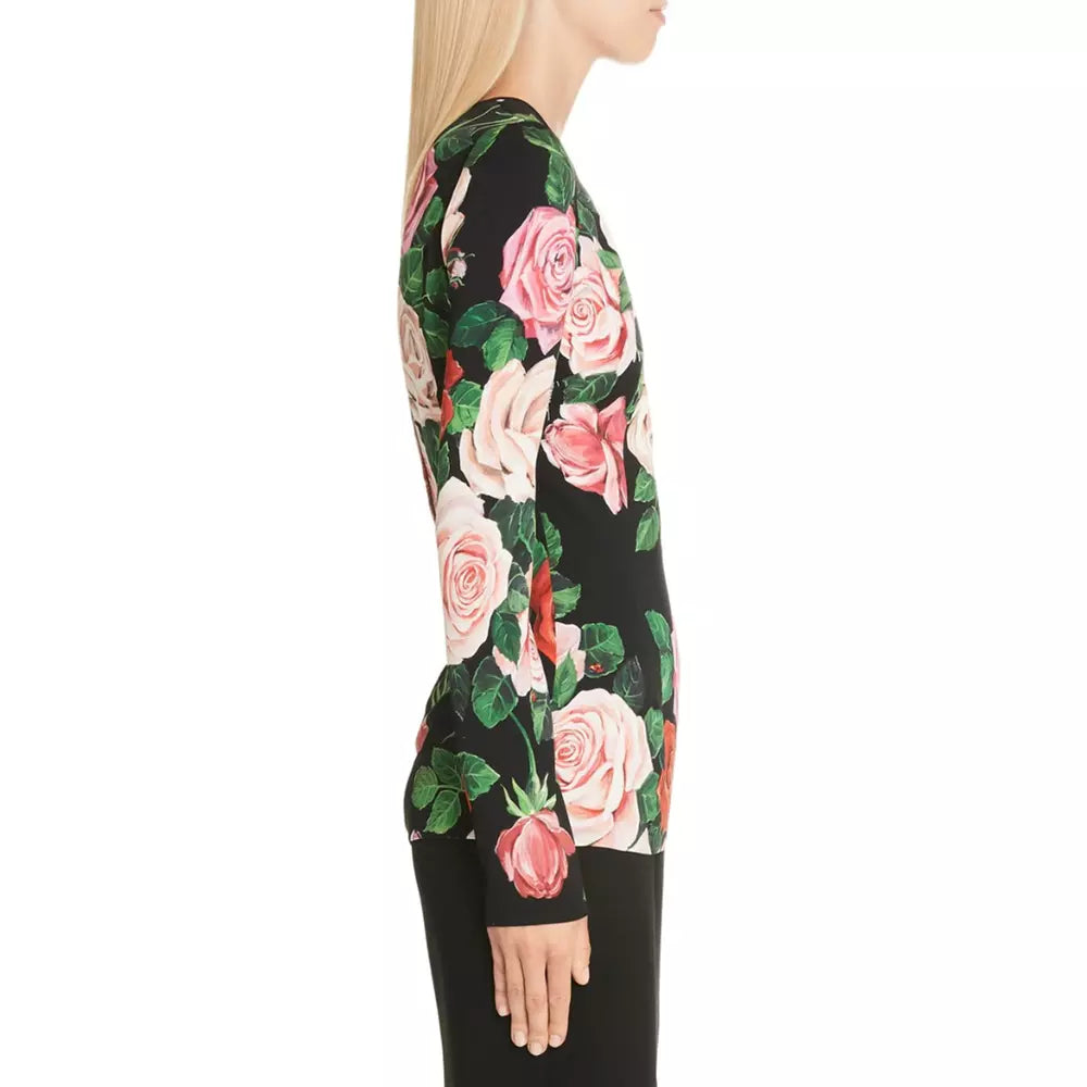 Elegant Long Sleeve Silk Rose Print Blouse