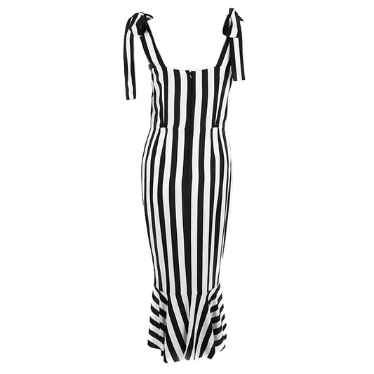 Black and White Striped Midi Dress with Ruffles