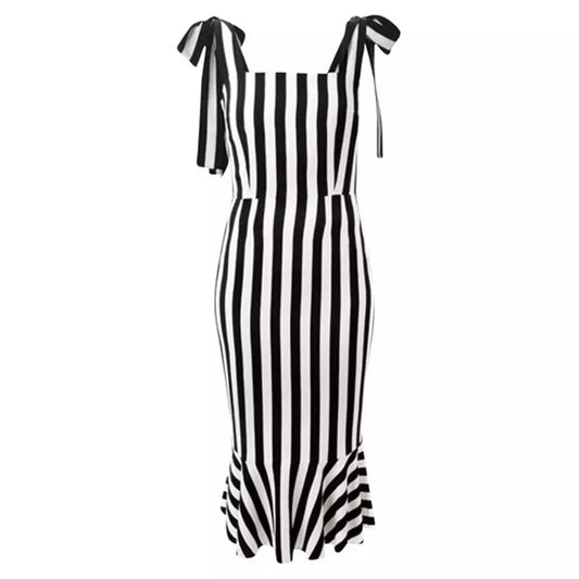 Black and White Striped Midi Dress with Ruffles