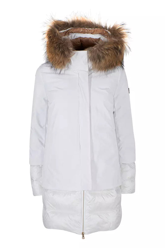 Chic White Technical Fabric Jacket with Fur Hood