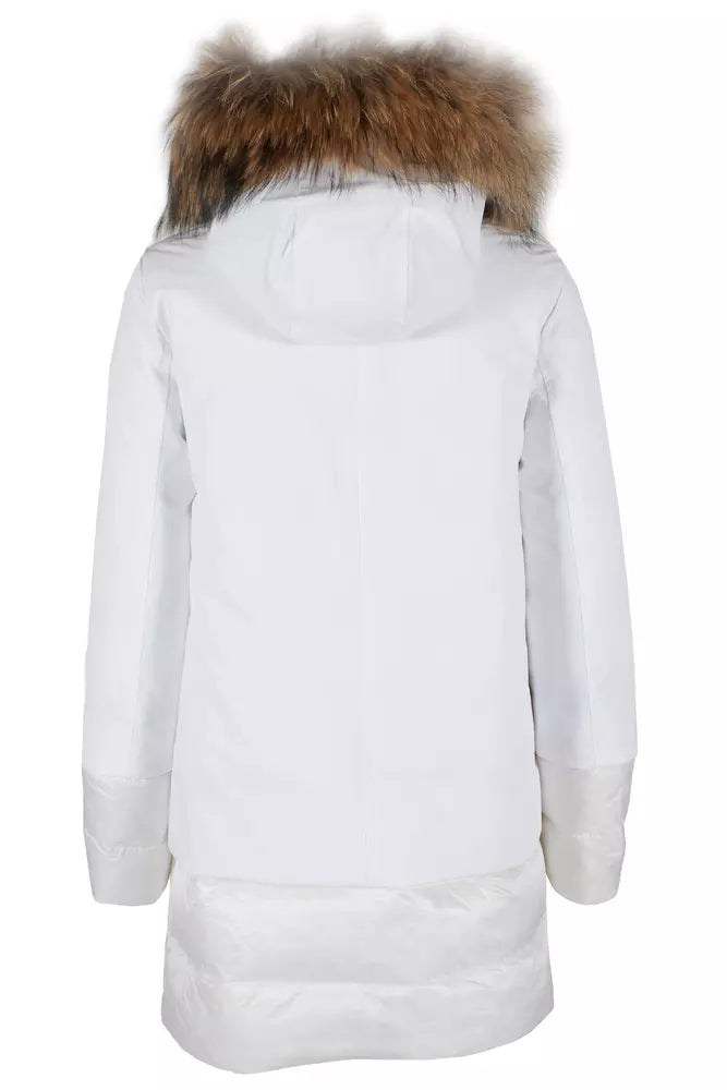 Chic White Technical Fabric Jacket with Fur Hood