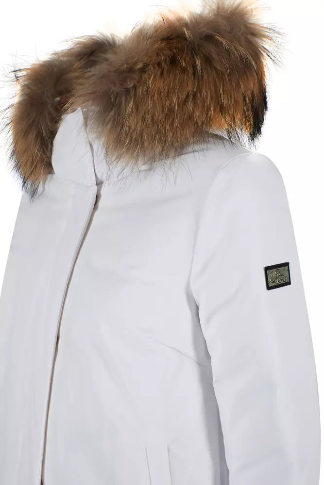 Chic White Technical Fabric Jacket with Fur Hood