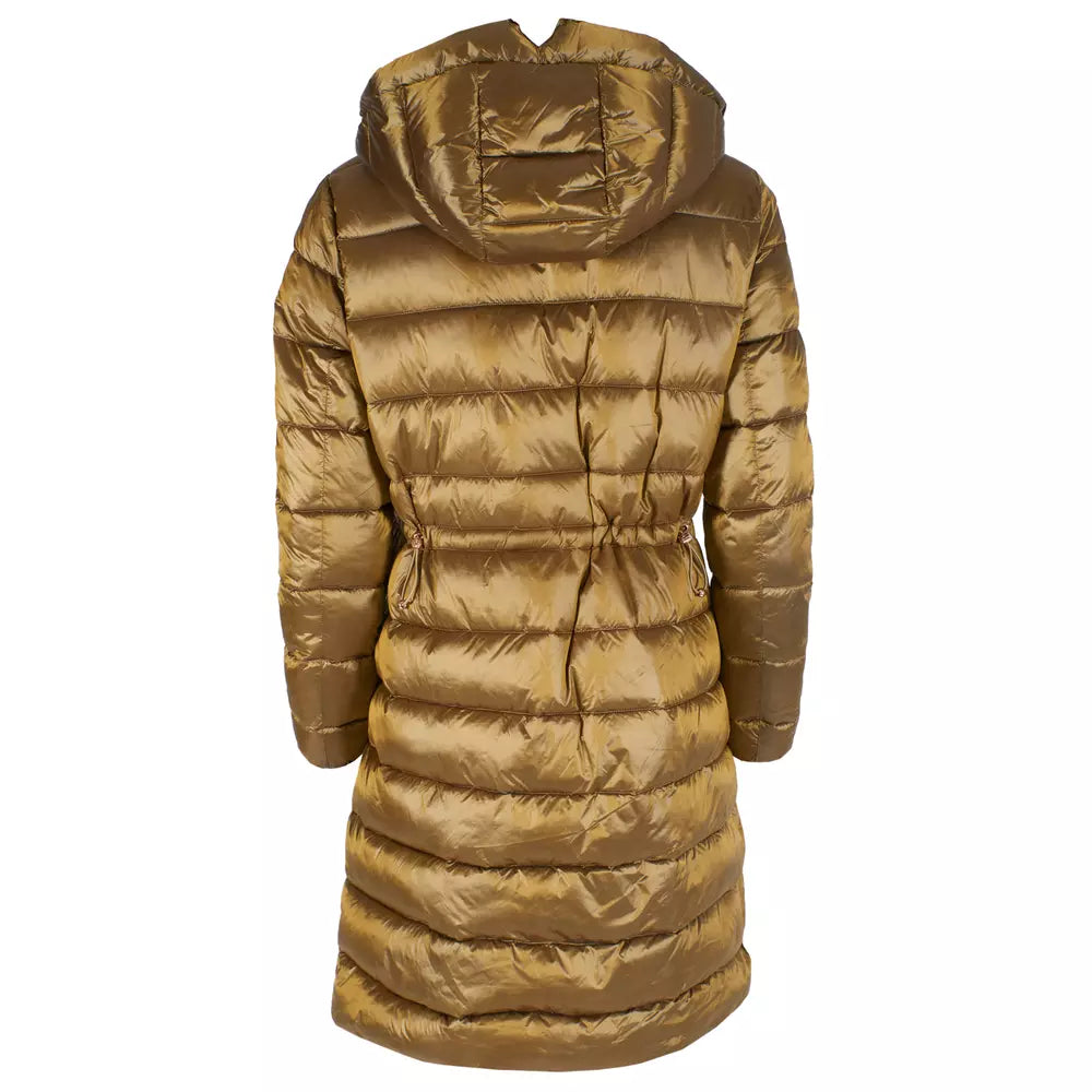 Elegant Long Down Jacket with Hood in Yellow