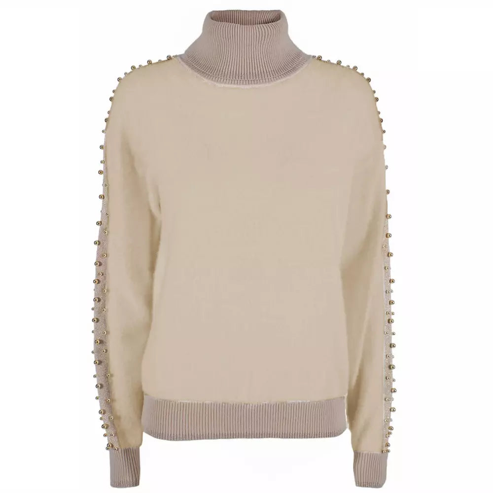 Beige Metallic Sleeve Turtleneck Sweater