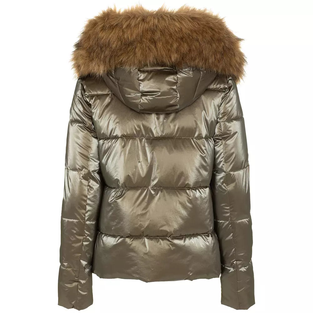 Eco-Fur Hooded Down Jacket in Brown