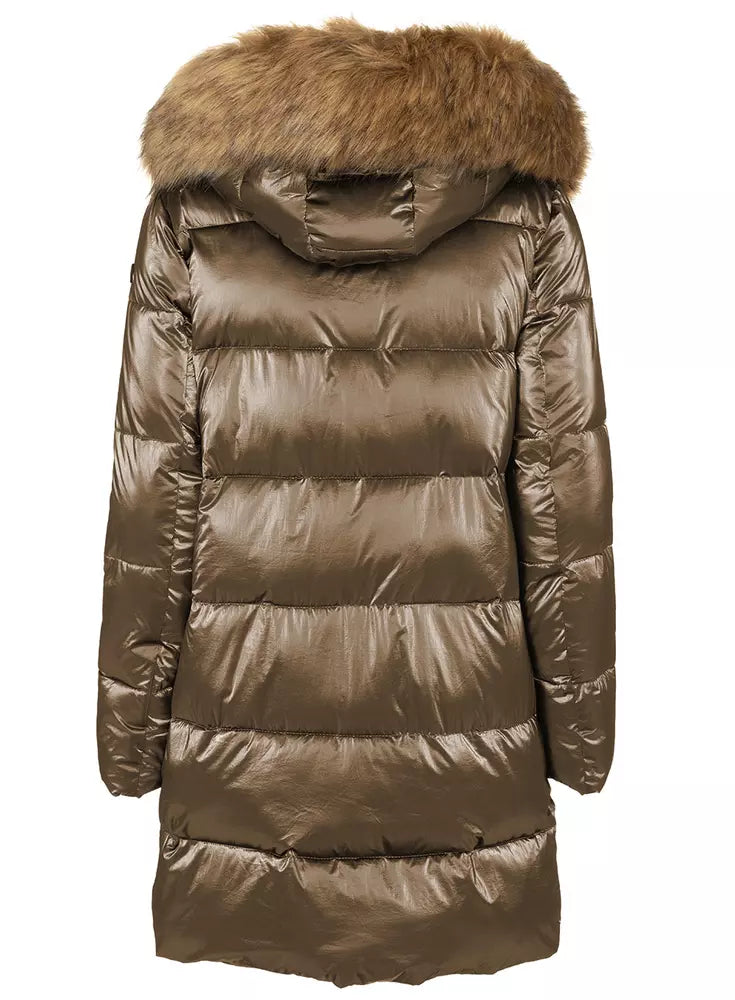 Eco-Chic Brown Down Jacket with Faux Fur Hood