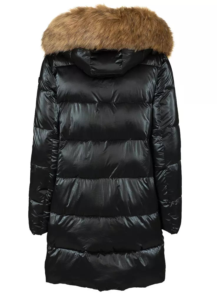 Elegant Long Down Hooded Jacket with Eco-Fur