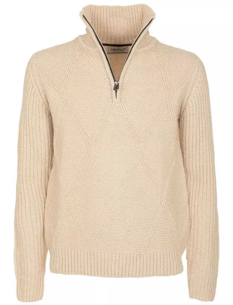 Chic Beige Diamond Embroidered Zip Sweater