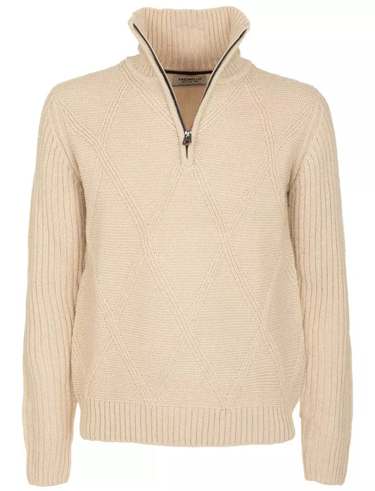 Chic Beige Diamond Embroidered Zip Sweater