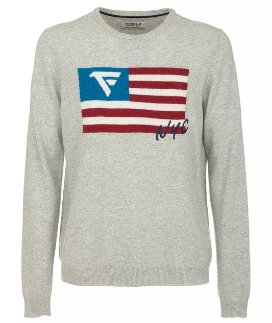 Chic Flag Print Crew Neck Wool Blend Sweater