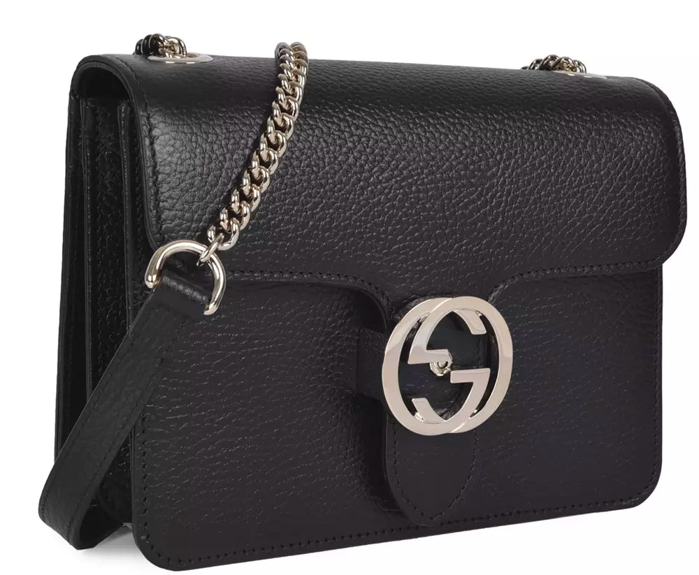 Elegant Black Leather Shoulder Bag with Silver Charm