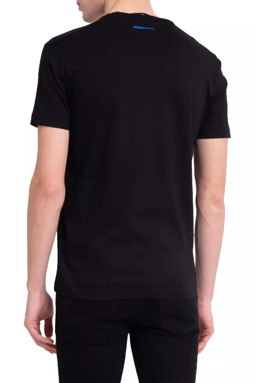 Sleek Black Cotton Tee with Bold Blue Accent