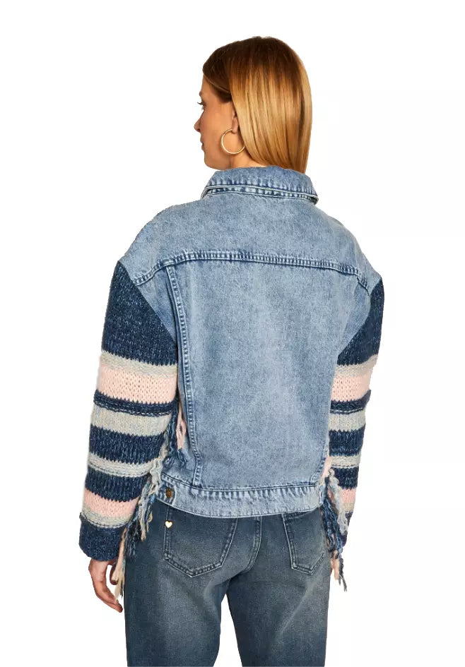 Chic Striped Sleeve Denim Jacket