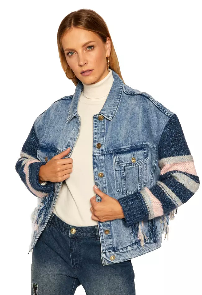 Chic Striped Sleeve Denim Jacket