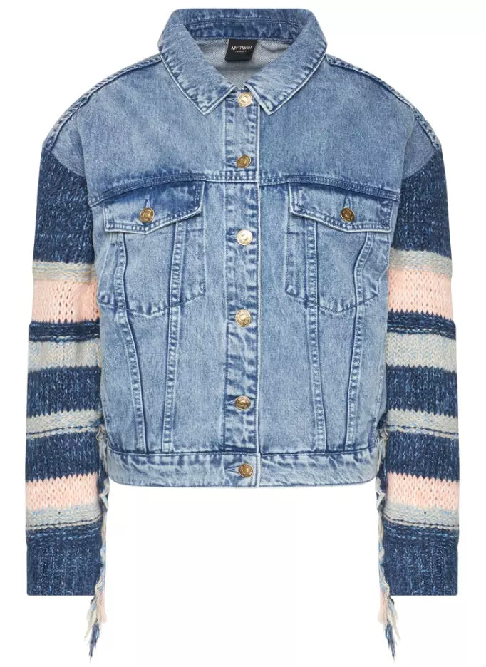 Chic Striped Sleeve Denim Jacket