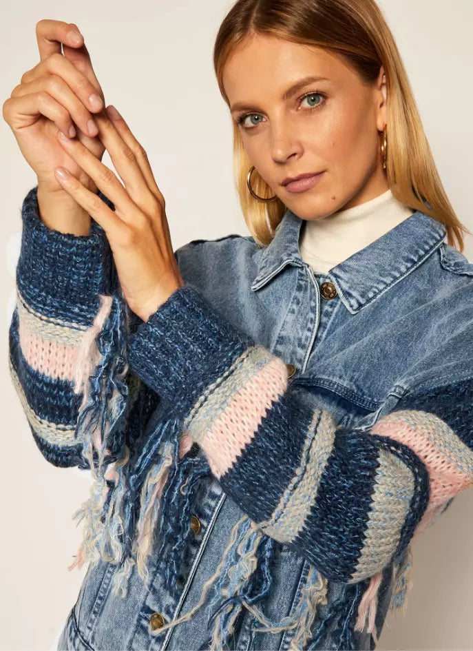 Chic Striped Sleeve Denim Jacket