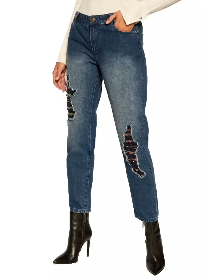 Chic High-Waisted Distressed Sequined Jeans