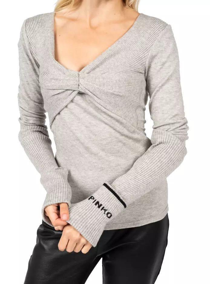 Elegant V-neck Crossover Sweater in Gray