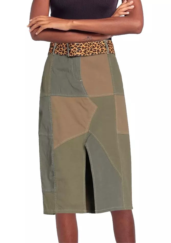 Chic Military Green Midi Skirt with Leopard Belt