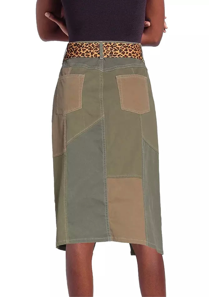 Chic Military Green Midi Skirt with Leopard Belt