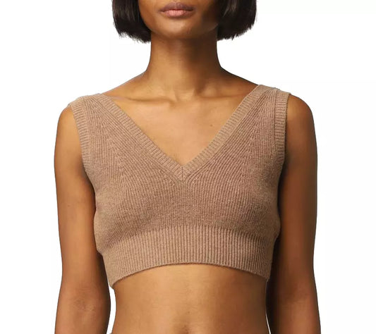 V-Neck Ribbed Wool Blend Top in Brown