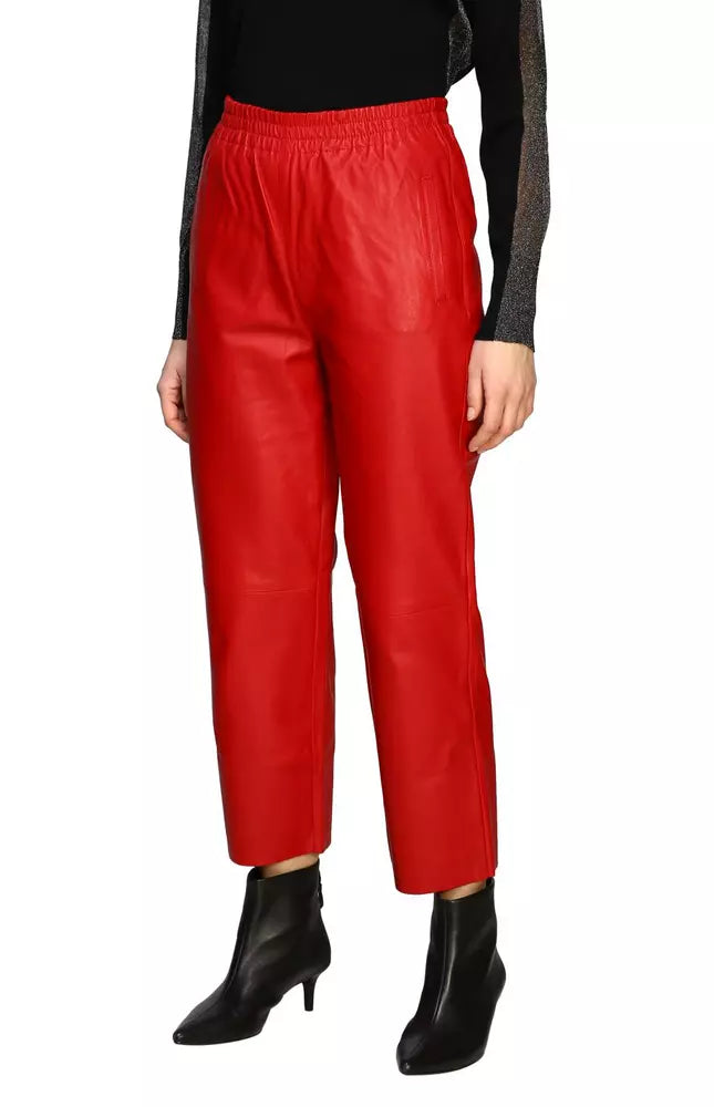 Elegant Red Lambskin Trousers with Elastic Waist