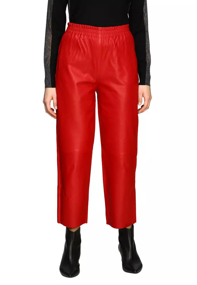 Elegant Red Lambskin Trousers with Elastic Waist