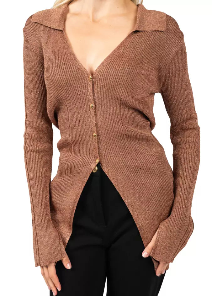 Chic Pink Ribbed V-Neck Lurex Sweater