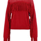 Perforated Crew-Neck Red Sweater with Fringe Detail