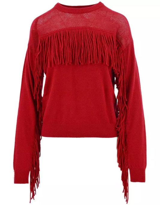 Perforated Crew-Neck Red Sweater with Fringe Detail