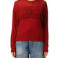 Perforated Crew-Neck Red Sweater with Fringe Detail