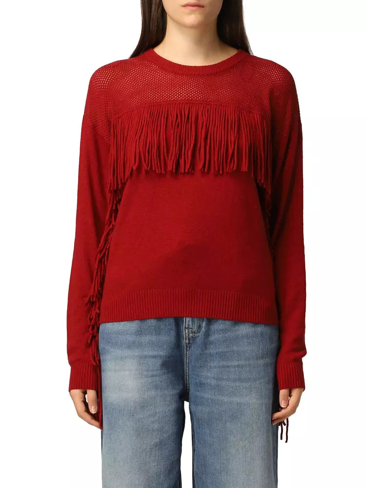 Perforated Crew-Neck Red Sweater with Fringe Detail