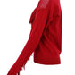 Perforated Crew-Neck Red Sweater with Fringe Detail