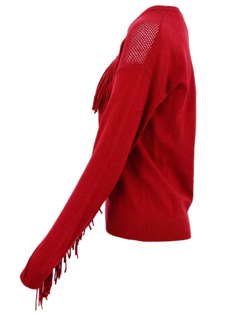 Perforated Crew-Neck Red Sweater with Fringe Detail