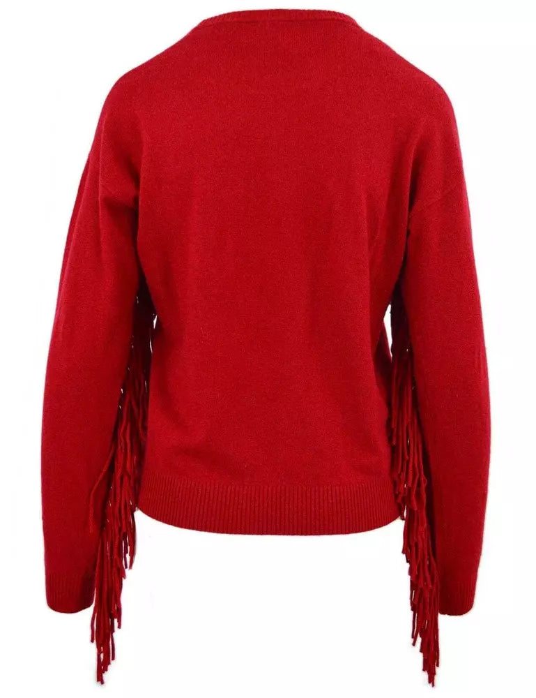 Perforated Crew-Neck Red Sweater with Fringe Detail