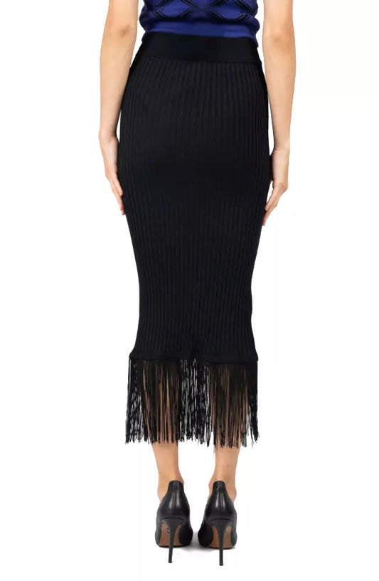 Chic Ribbed-Fringe Pencil Skirt in Black